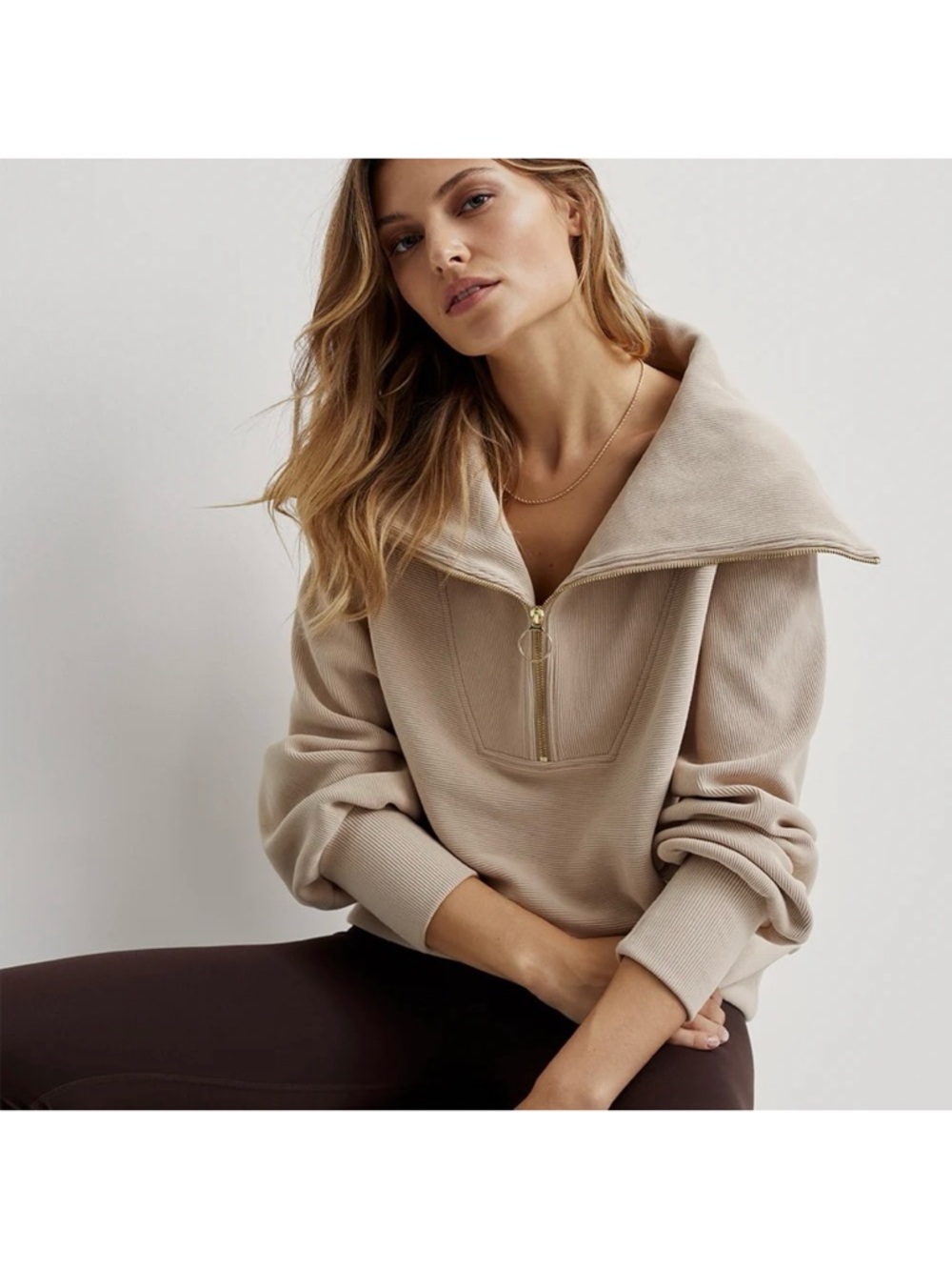 Varley Taupe Funnel-Neck Half-Zip Sweatshirt
